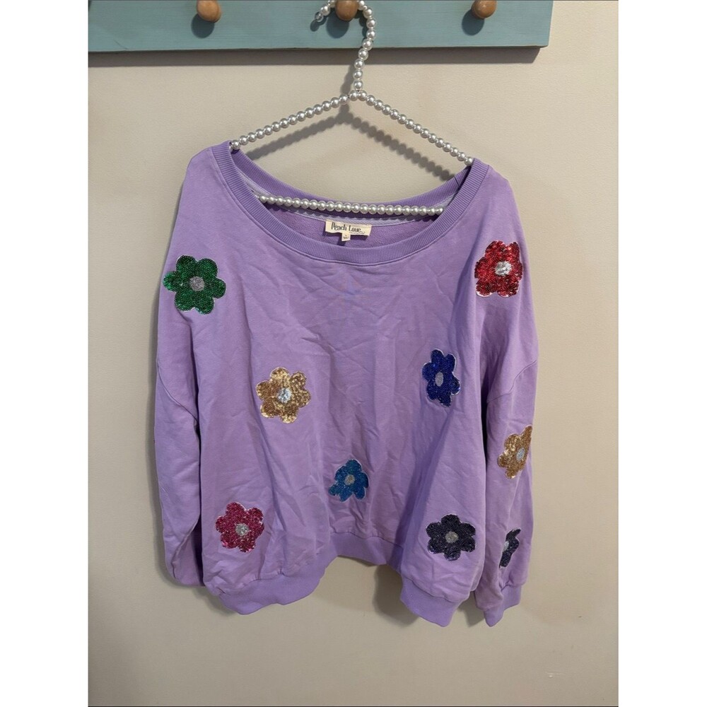 Peach Love California Lavender Sweatshirt with Multicolor Sequin Flowers Large